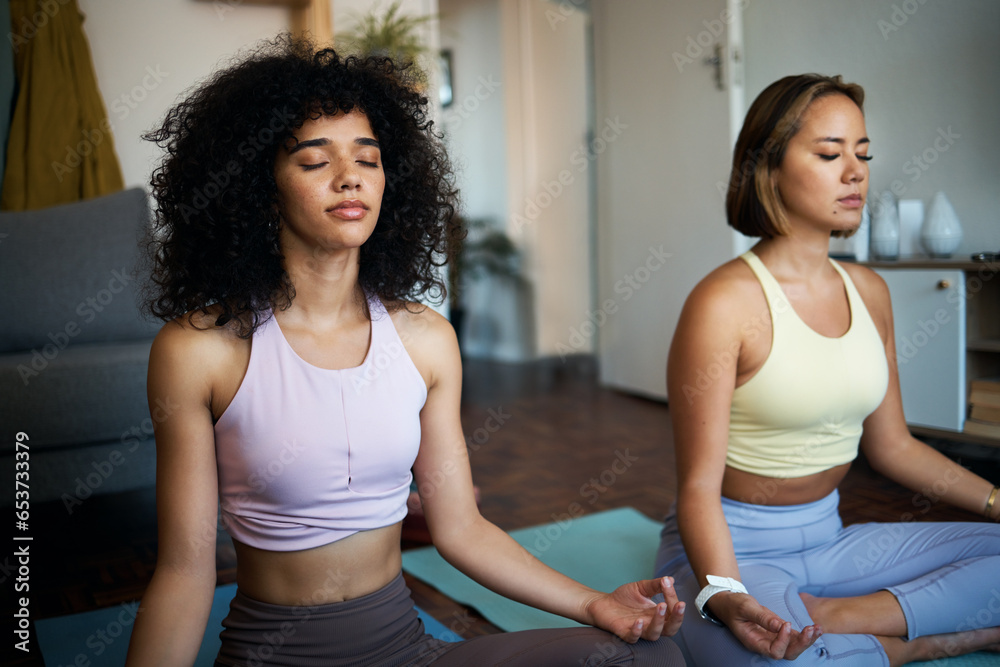 Meditation, yoga and girl friends in the living room doing fitness in lotus position together. Calm, peace and young women doing pilates workout or exercise for breathing in the lounge at home