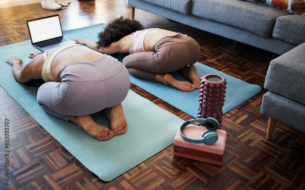 Stretching, friends and yoga online class in home, living room or lounge or streaming exercise and workout. Healthy, fitness and training with holistic on laptop for wellness in house or mockup