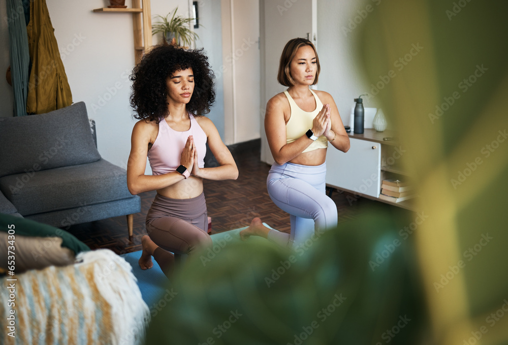 Friends, yoga and zen at home, meditate and peaceful for bonding and support. Calm people, wellness and health for flexibility, care and fitness in living room, strong core and namaste in soul