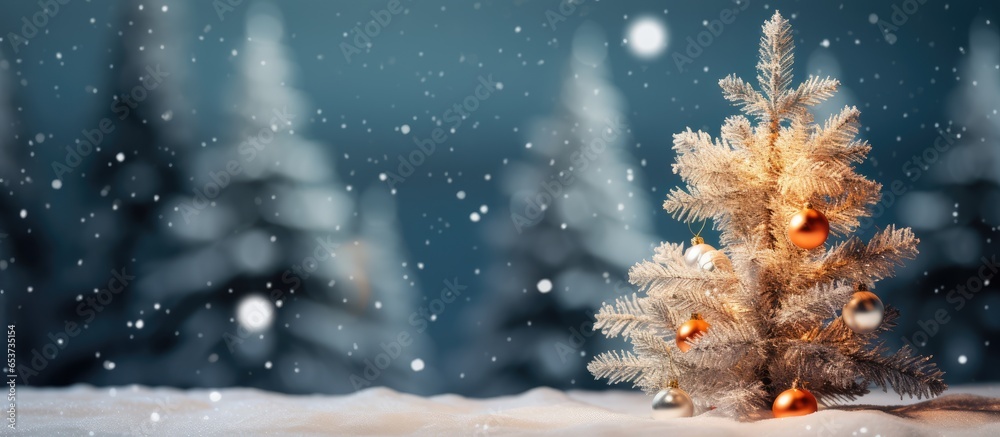 Christmas tree closeup with snowy background and vintage color tone