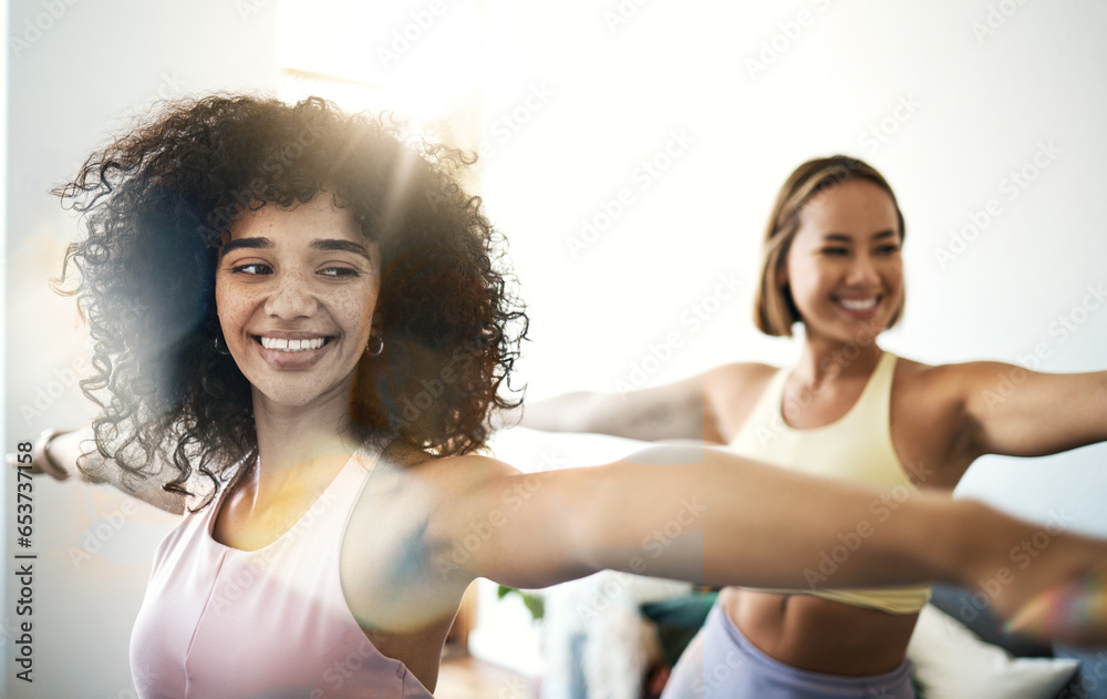 Women, fitness friends with stretching and yoga, happy at home with bonding and training together. Pilates, wellness and lens flare with exercise or workout, yogi team smile with self care and body