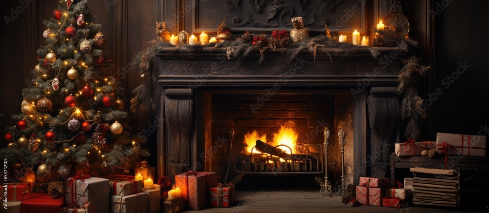 Christmas indoors with enchanting decorations illuminated tree warm hearth and presents