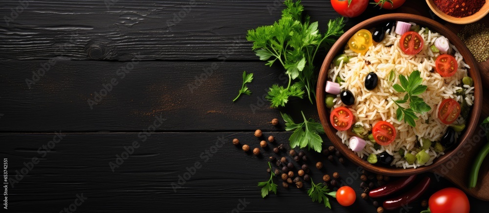 Fresh vegetable rice salad with bell pepper tomato green pea black olives olive oil on a white table above