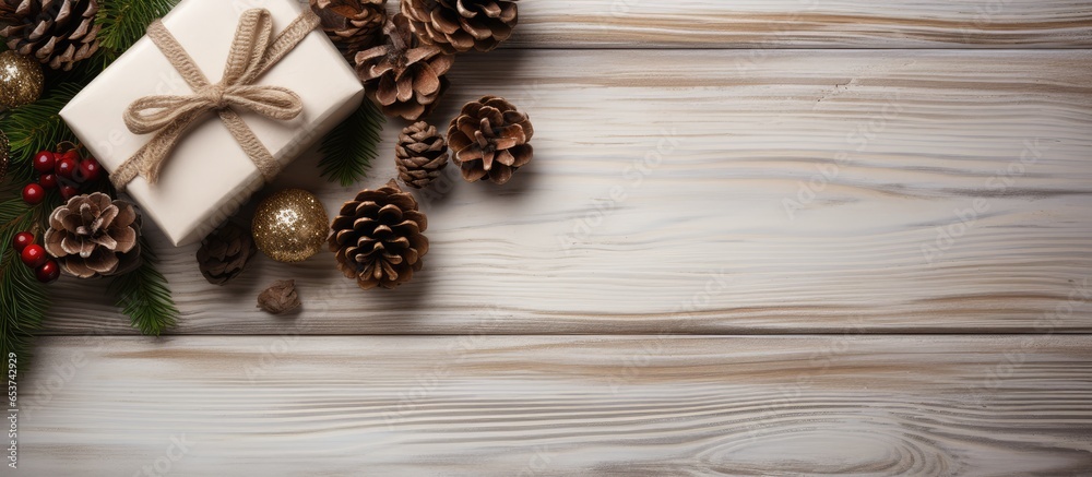 Christmas themed arrangement with knitted blanket pine cones and fir branches on a white wood backdrop Overhead view with room for text