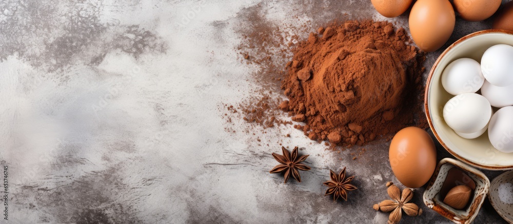 Arrangement of chocolate cake ingredients top view of sugar eggs cocoa powder flour on marble table cake making process