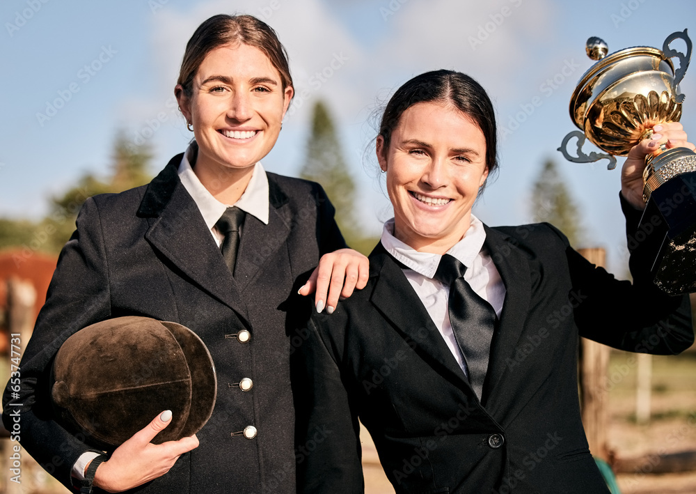 Portrait, young and equestrian for champion in competition for horse riding with smile at ranch. Caucasian, girls or people with happiness in celebration for success, training and race for sports