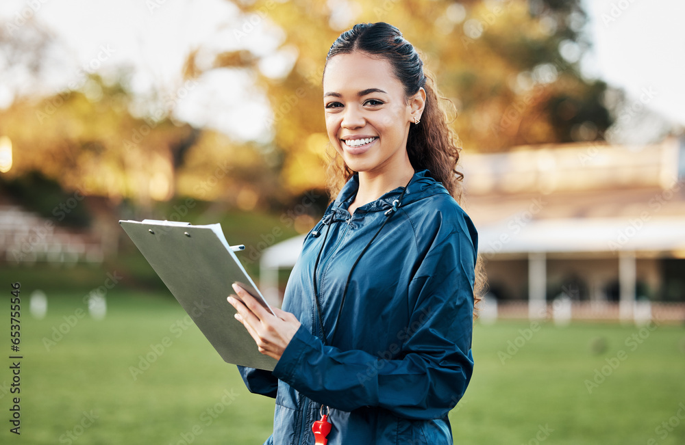 Coach, sports and portrait of woman with clipboard on field for training, planning and game strategy. Happy, writing and personal trainer outdoors for exercise, workout schedule and fitness routine