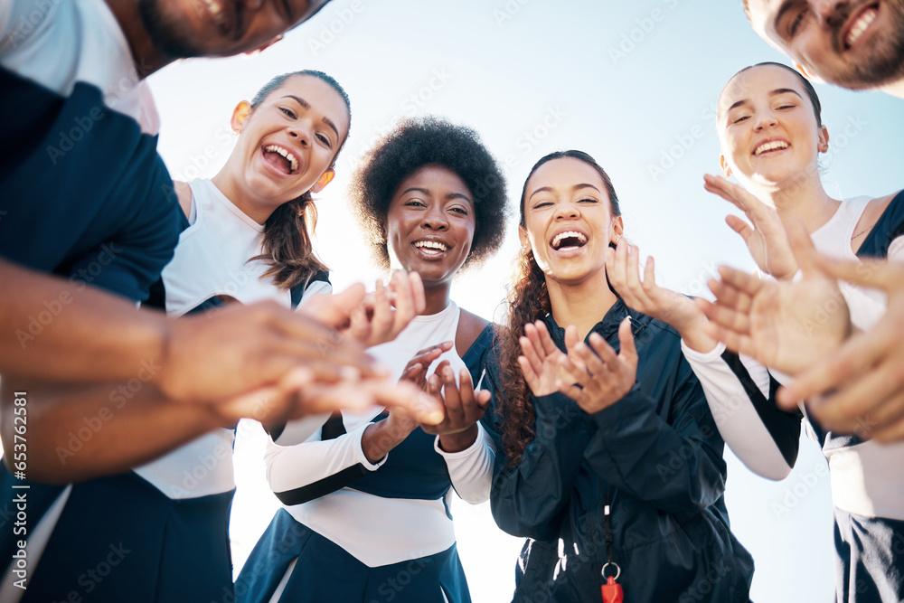 Cheerleader team portrait, applause or people excited for sports competition win, achievement or routine success. Cheerleading support, below view or dancer clap hands, celebrate or winner praise