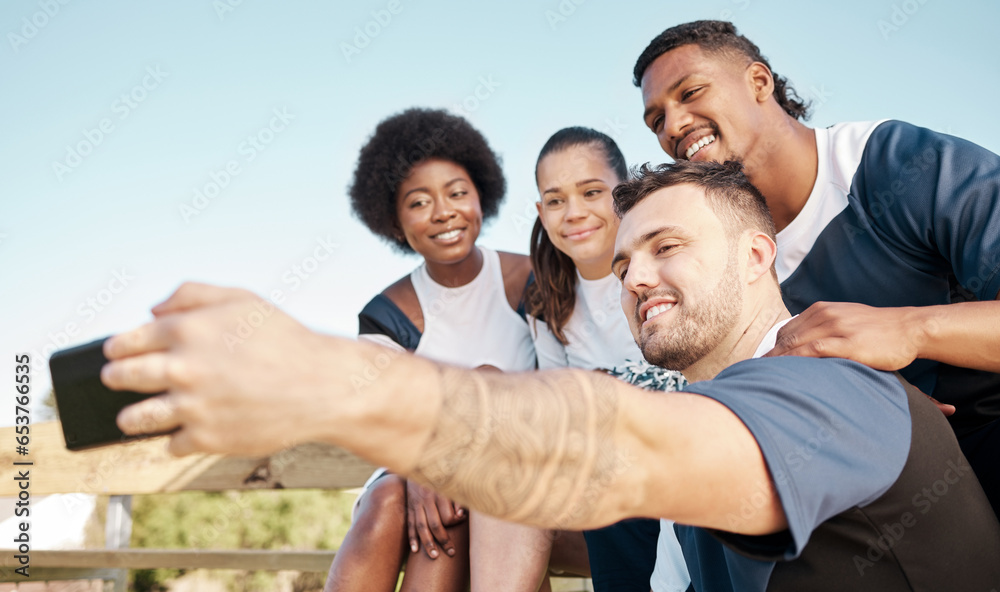 Cheerleader team, group selfie and happy people at sports competition, training workout or post photo to social media app. Cheerleading, photography and dancer teamwork, practice and picture together