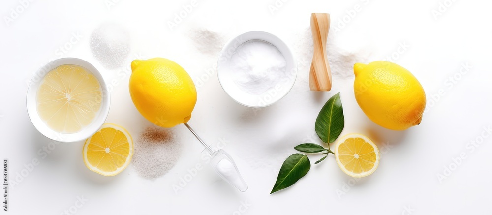 Arranging cleaning supplies baking soda lemon mustard powder on white surface room for text