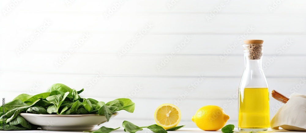 Healthy cooking at home with fresh spinach olive oil and citrus squeezer on white kitchen table