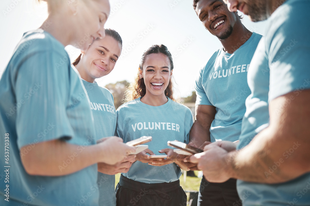 Volunteer team, phone and portrait of people in park for social media, online chat or charity website update. Community service, teamwork and happy group on smartphone for cleaning or recycle outdoor