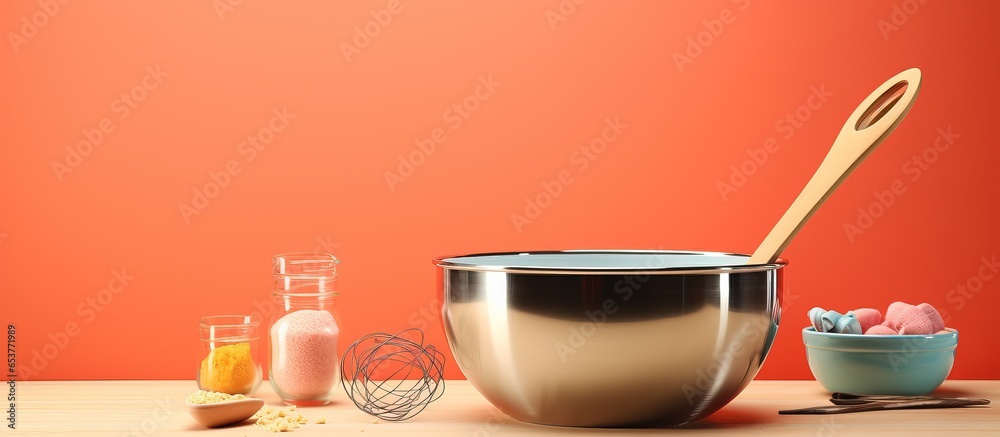 AIrendered metal bowl with kitchen utensils for dough preparation on coral background including accessories for cooking blending and mixing