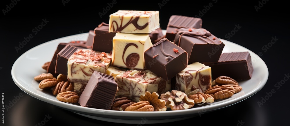 Nuts on white ceramic cut chocolate fudge candy on plate