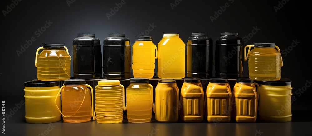 Recycled jerry cans of used cooking oil collected to minimize pollution and create biodiesel materials