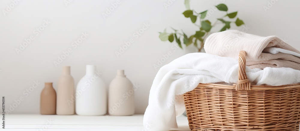 Clean laundry basket on table at home text space available