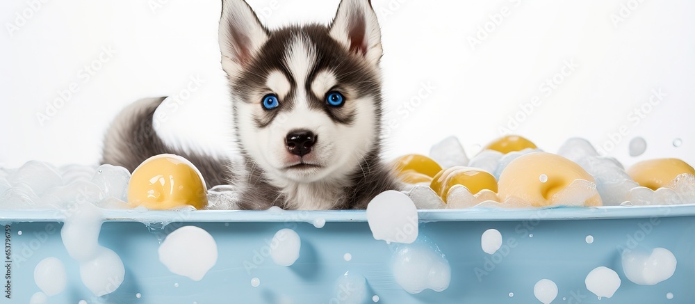 Husky puppy in tub with bubbles and rubber duck ready for bath