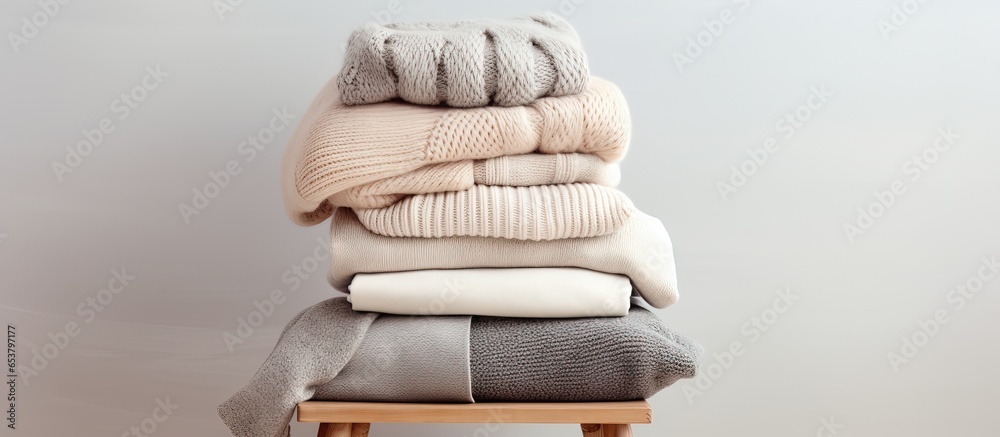 Neutral beige clothes stacked on wooden stool against white wall Cozy slippers wool pullovers Minimalist fall fashion backdrop