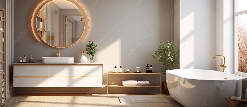 a sunny modern bathroom with herringbone ceramic tiles wooden sink cabinet round mirror and gold accented glass partitions