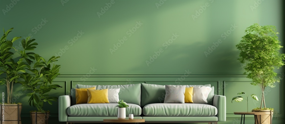 Green sofa and decor in living room mockup