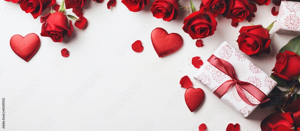 Valentine s Day themed flat lay with red hearts handmade gift boxes red roses and a notebook on a white background Symbolizes holidays and love