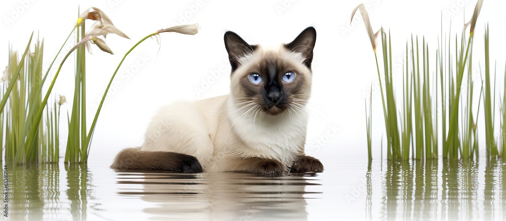 Siamese cat near white background in pond