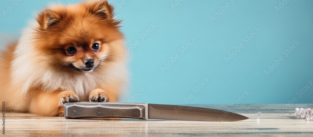 Pomeranian getting a bath and nail trim at a dog spa to maintain hygiene