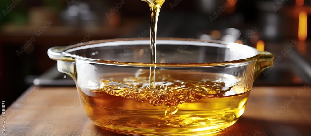 Transferring used cooking oil from the pot to a nearby container closeup