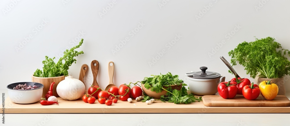 Kitchen countertop adorned with various utensils and vegetables