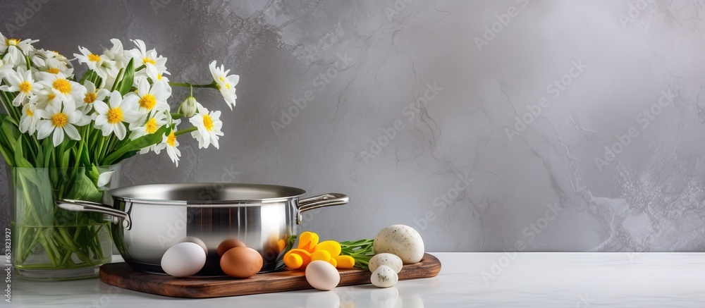 Cooking using stainless steel saucepan on induction hob with lid eggs towel flowers in glass vase on kitchen worktop with light walls