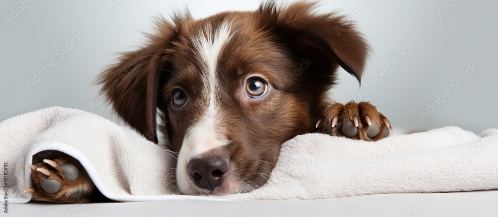 A brown male dog grooming himself on the bed