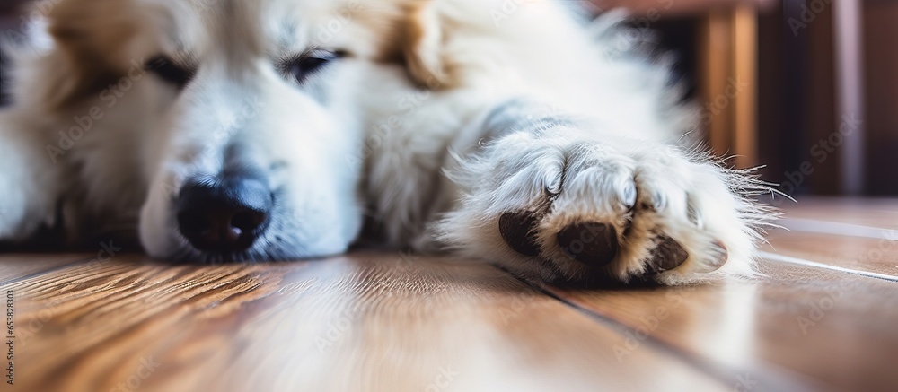 White fluffy sheepdog s foot resting at home with nails and thick coat cared for on a wooden floor