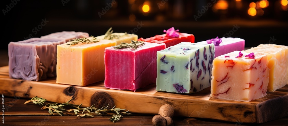 Assorted handmade soap bars on a wooden background