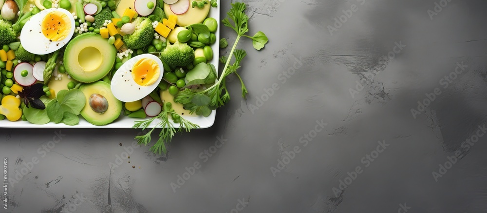 Top view of an Easter salad with vegetables and eggs