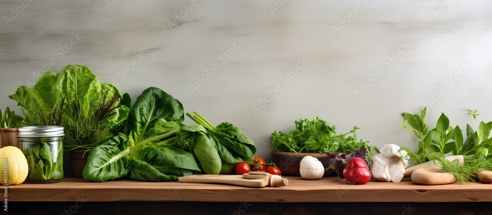 Front view composition of fresh green leafy vegetables and kitchen utensils on wooden countertop with space for display