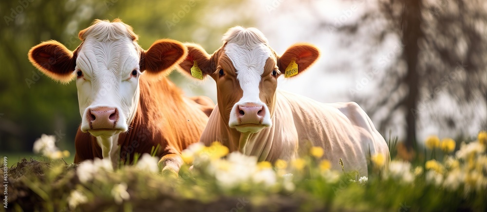 Two lovely cattle sitting in the garden belonging to the Bovidae family in the lush forest during spring