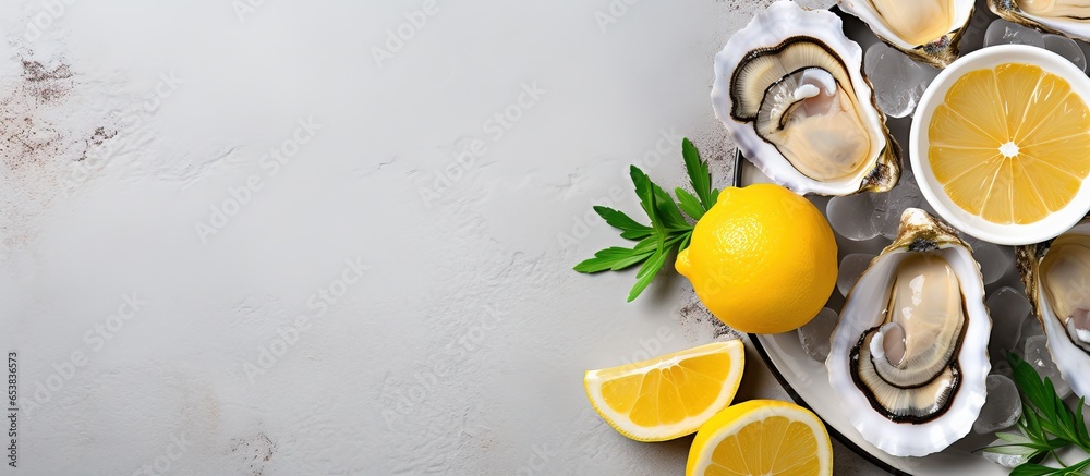 Top view of a plate with freshly opened oysters lemon wedges wine glasses on a rustic concrete background with space for text