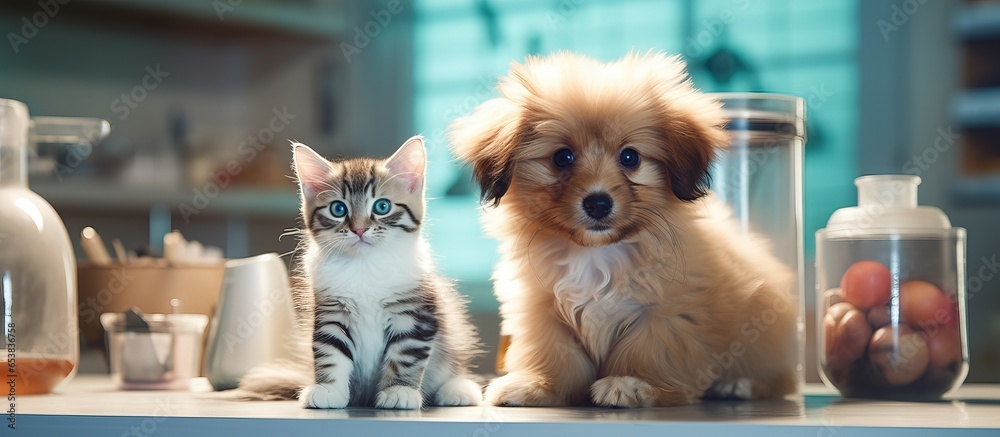 Veterinarian examines pets at animal clinic for check up and vaccinations