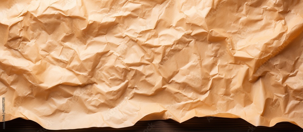 Wooden background with crumpled baking paper and copy space