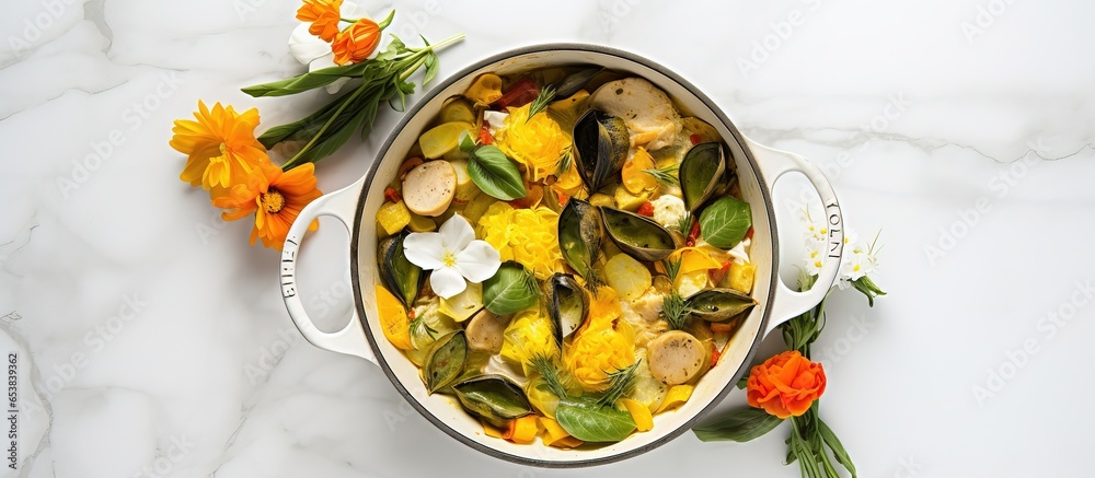 Meal prepped with eggs and squash blossoms on white marble countertop as seen from above