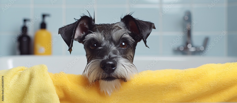 Amusing mini schnauzer getting groomed in a tub with towel and bath duck