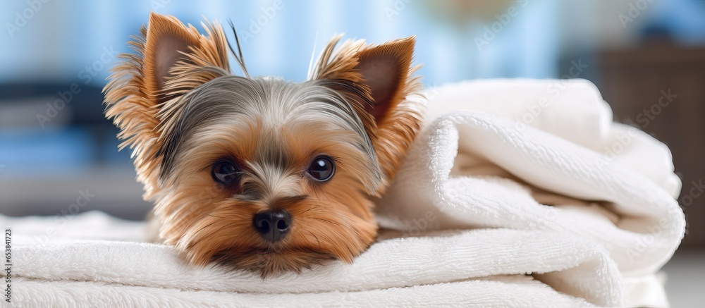 Yorkshire terrier resting on towels after a bath in a closeup photo