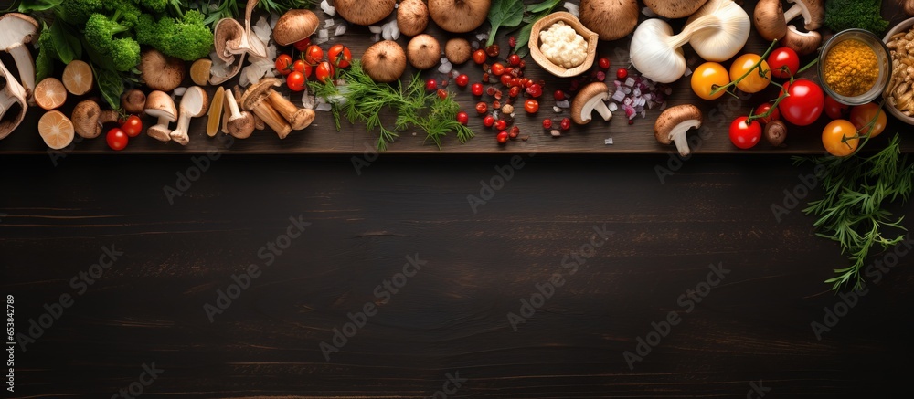 Preparing forest mushrooms and vegetables with kitchen tools on a rustic wooden table viewed from above