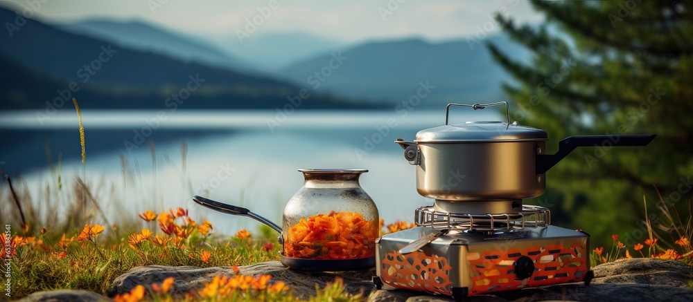 Hiking food is cooked using a camping stove with a wind screen