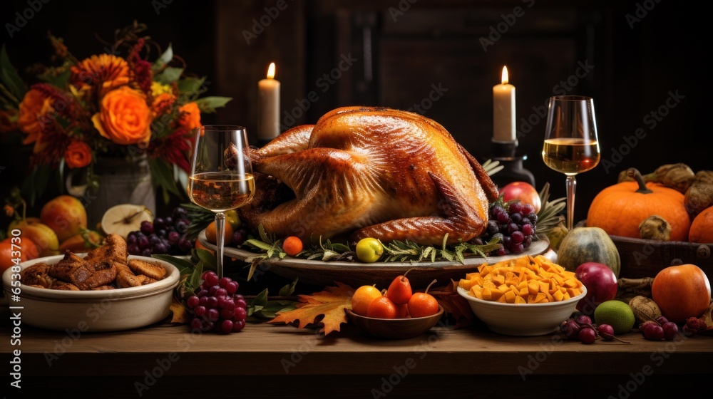 Festive table with turkey pumpkins and cornucopia