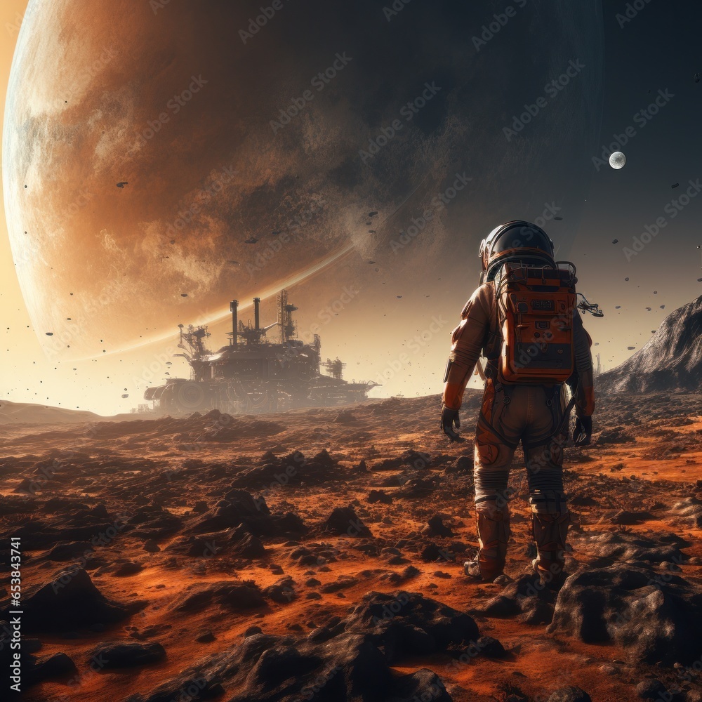 Astronaut exploring surface of a distant planet