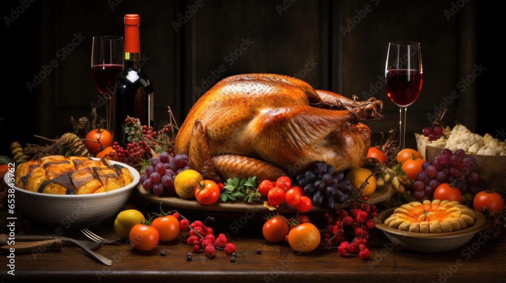 Festive table with turkey pumpkins and cornucopia