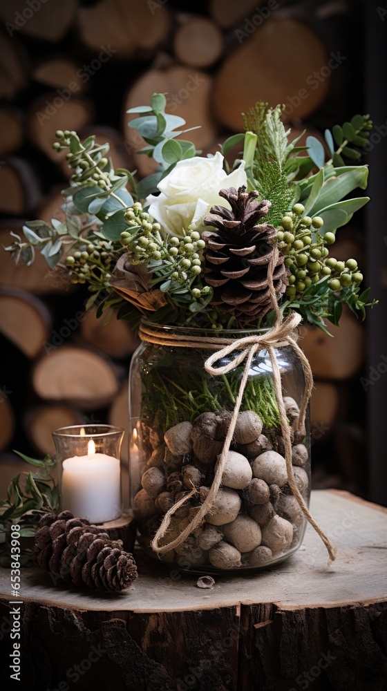 Rustic centerpiece made of twigs and pine cones