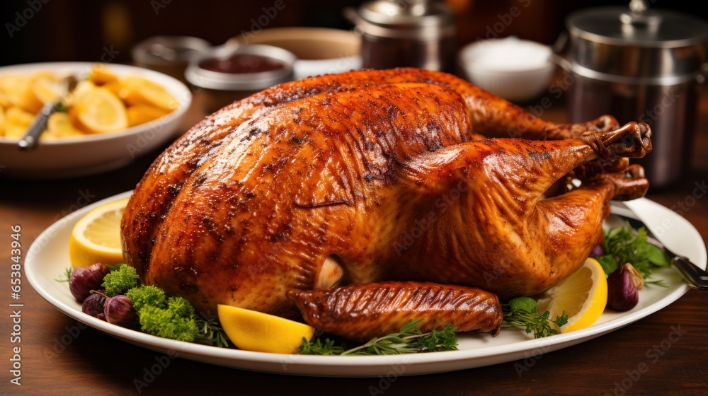 Close-up of golden-brown roasted turkey