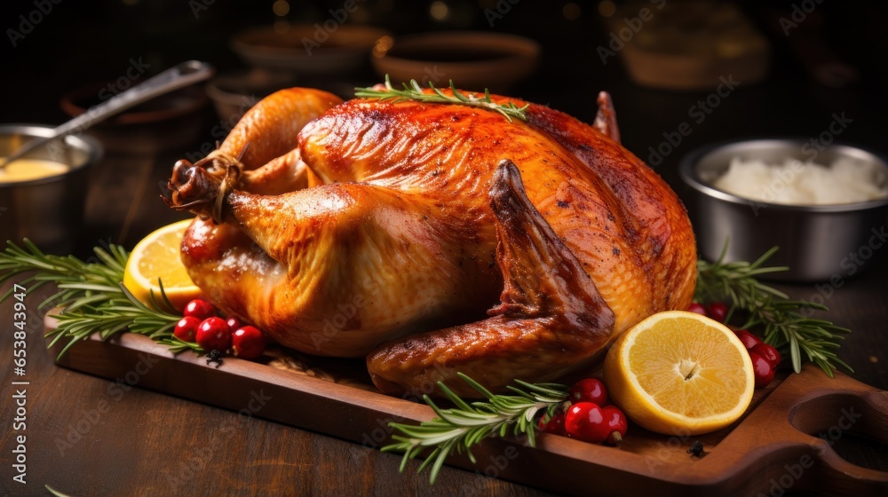 Close-up of golden-brown roasted turkey